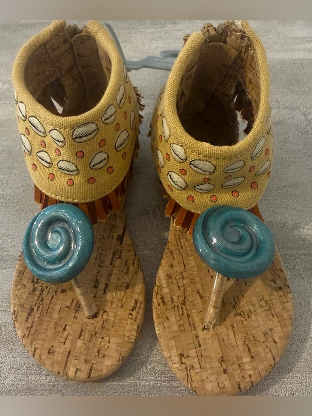 New Disney Toddler Moana Inspired Cork Fringe Sandals Shell Print Size 5/6